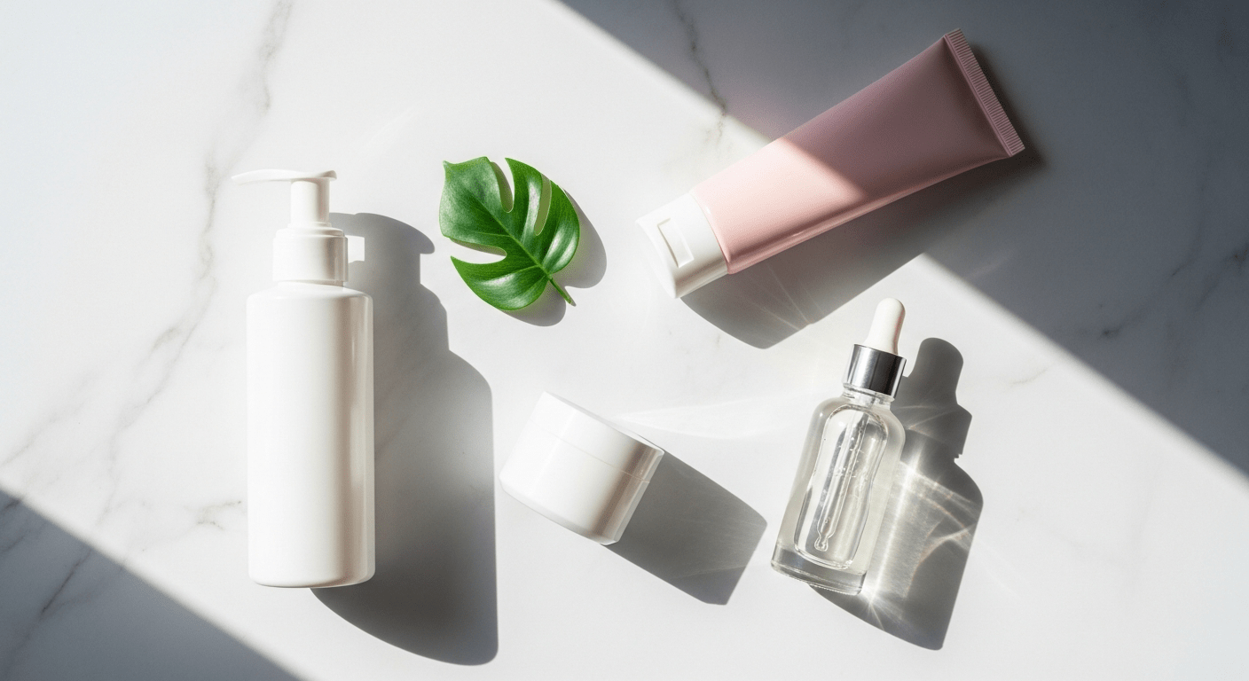 Minimalist skincare products flatlay